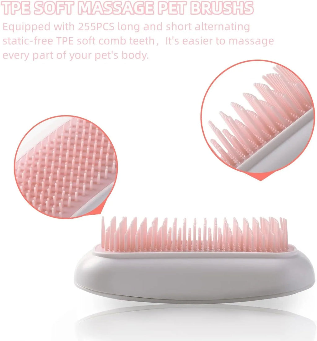 Light pink handheld electric pet massage brush with soft TPE teeth on a white background.