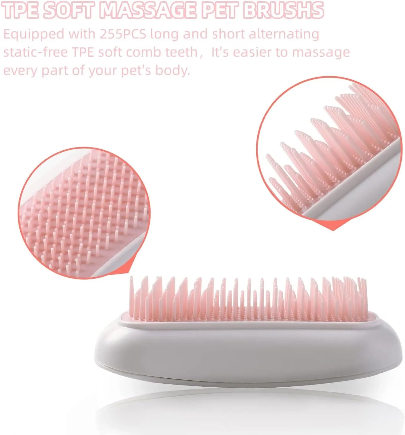 Light pink handheld electric pet massage brush with soft TPE teeth on a white background.