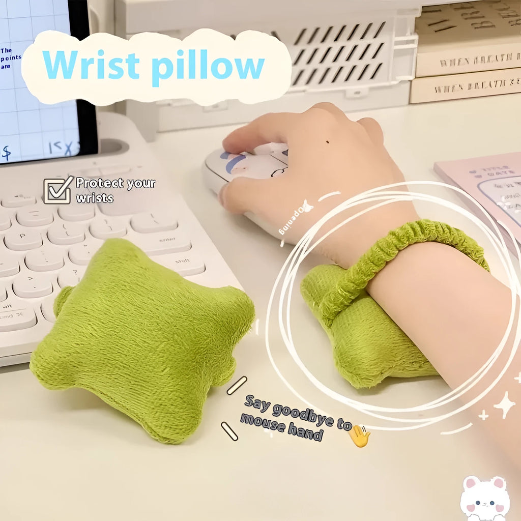 Plush wrist protector mouse pad in blue, green, or pink colours for keyboard typing comfort