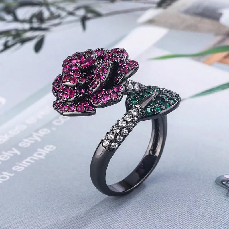 Geometric black gold ring with gold-plated red corundum centrepiece for women