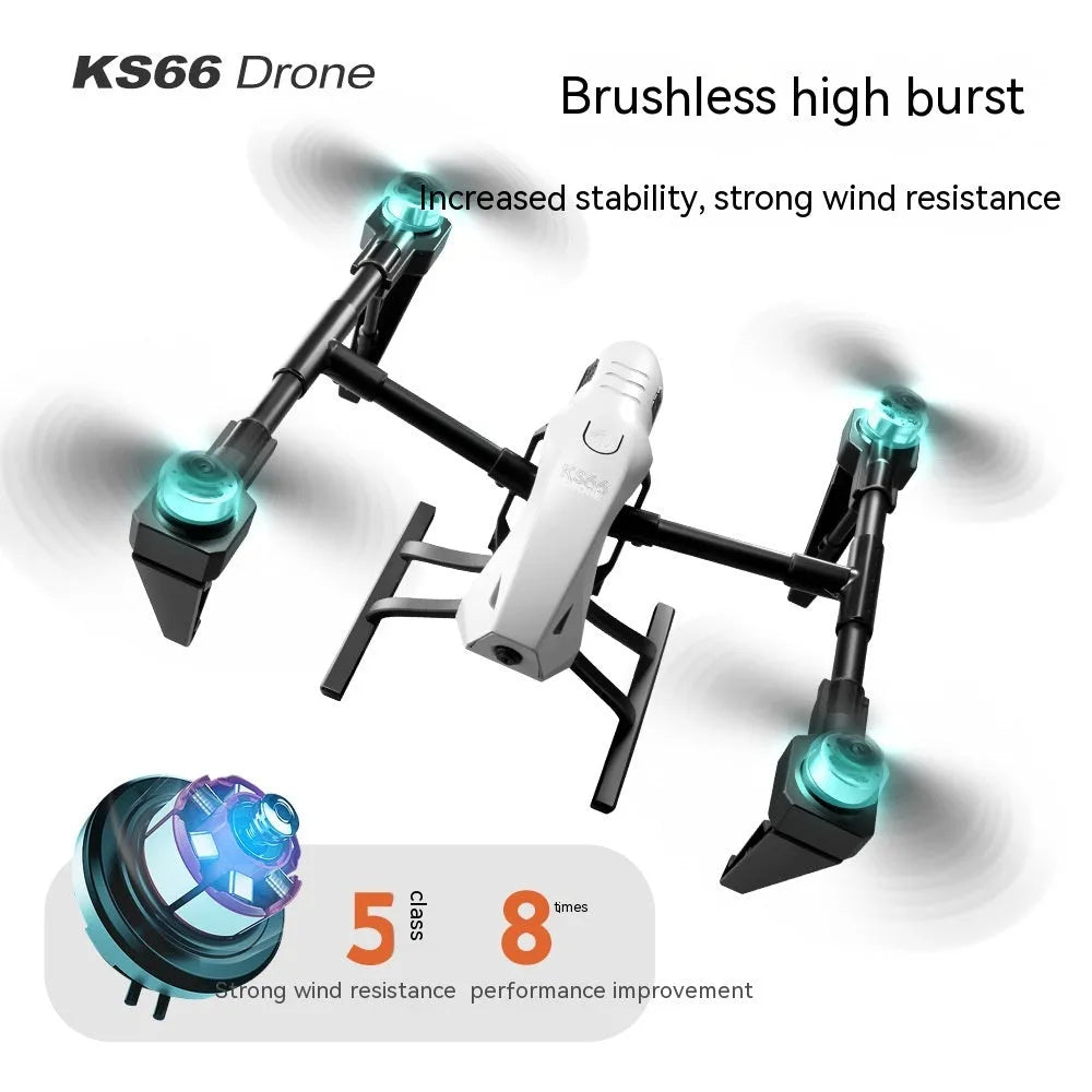White KS66 alloy UAV drone with camera and remote control on a storage bag.