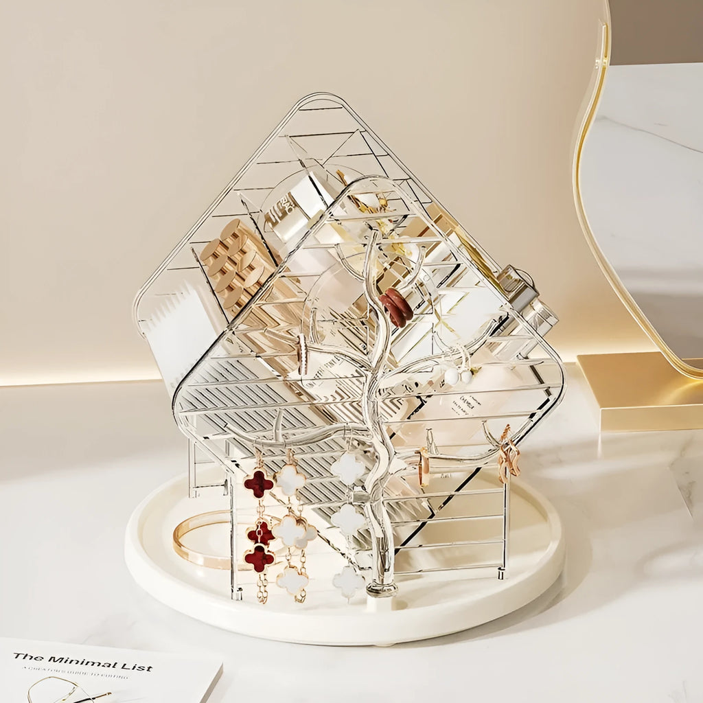 360-degree rotating cosmetics storage box in transparent plastic, clear or amber gold colour options