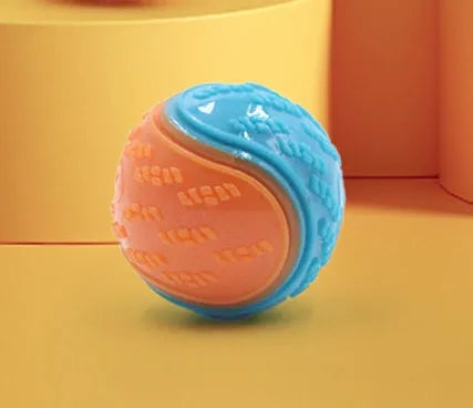TPR rubber dog training ball in blue and orange colour combination measuring 6.5 cm across