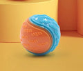TPR rubber dog training ball in blue and orange colour combination measuring 6.5 cm across