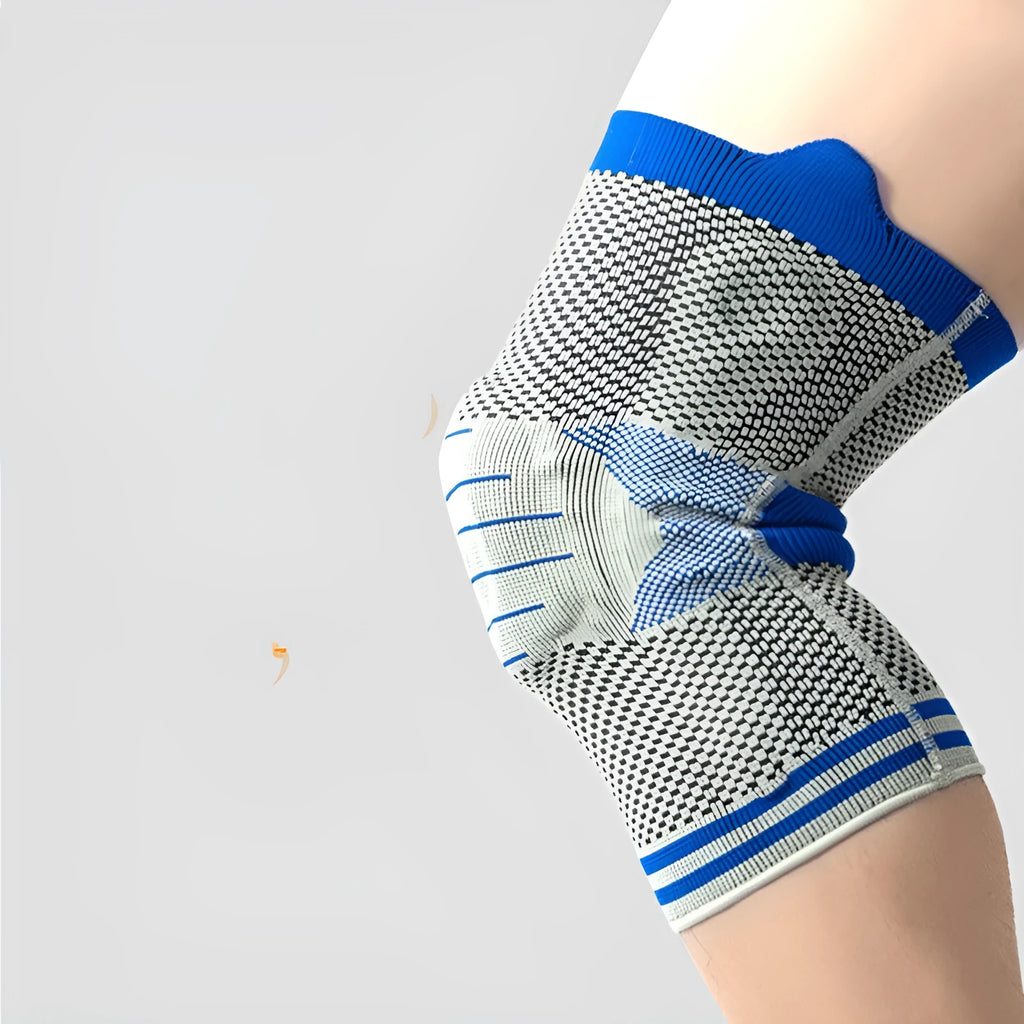 Cotton knee pad with silicone spring bar shock absorber in black and blue colour.