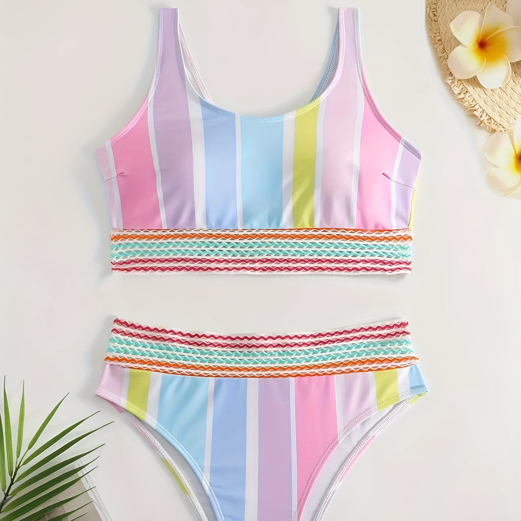 Women's striped sport bikini set with briefs style top and pants for swimming.