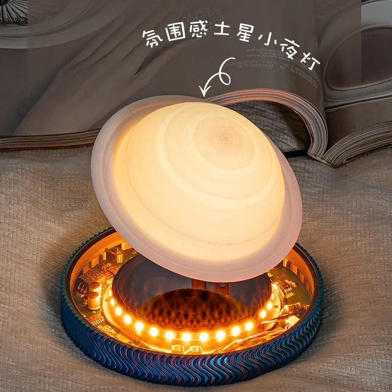 Modern magnetic suspension moon night lamp with 3D printed design on a bedside table