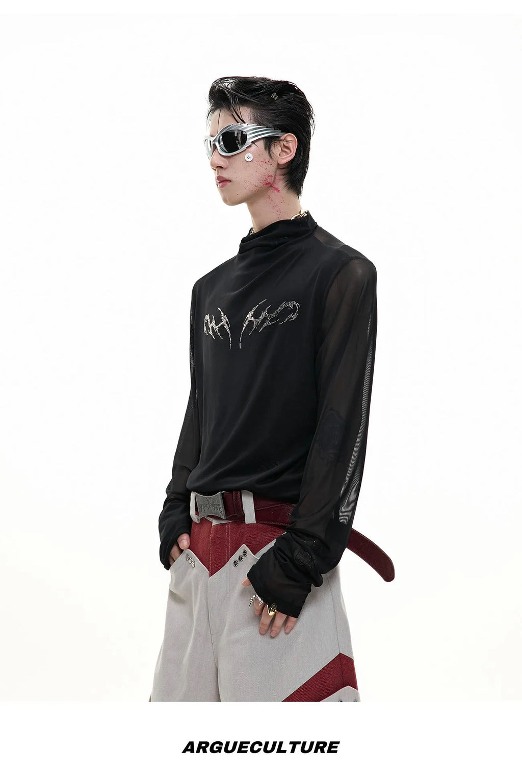 Men's black slim fit long sleeve mesh shirt with ice-feel fabric on hanger
