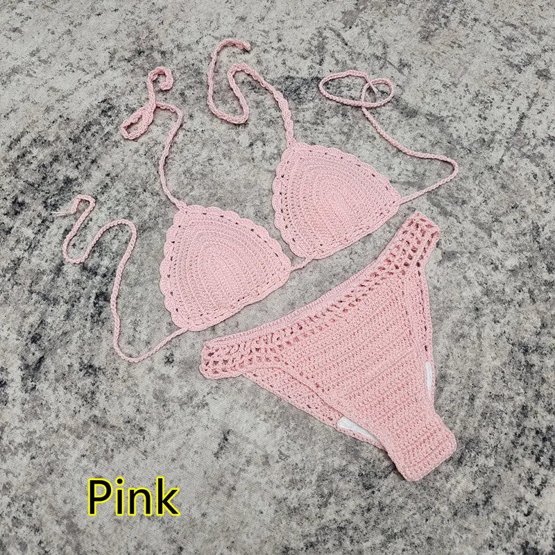 Women's 3-piece handmade crochet bikini set with nylon lining in solid colour options for beach and swimming.