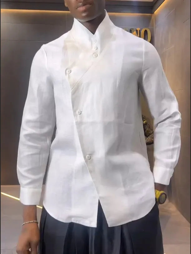 White asymmetric-front long sleeve shirt with black pleated trousers casual set