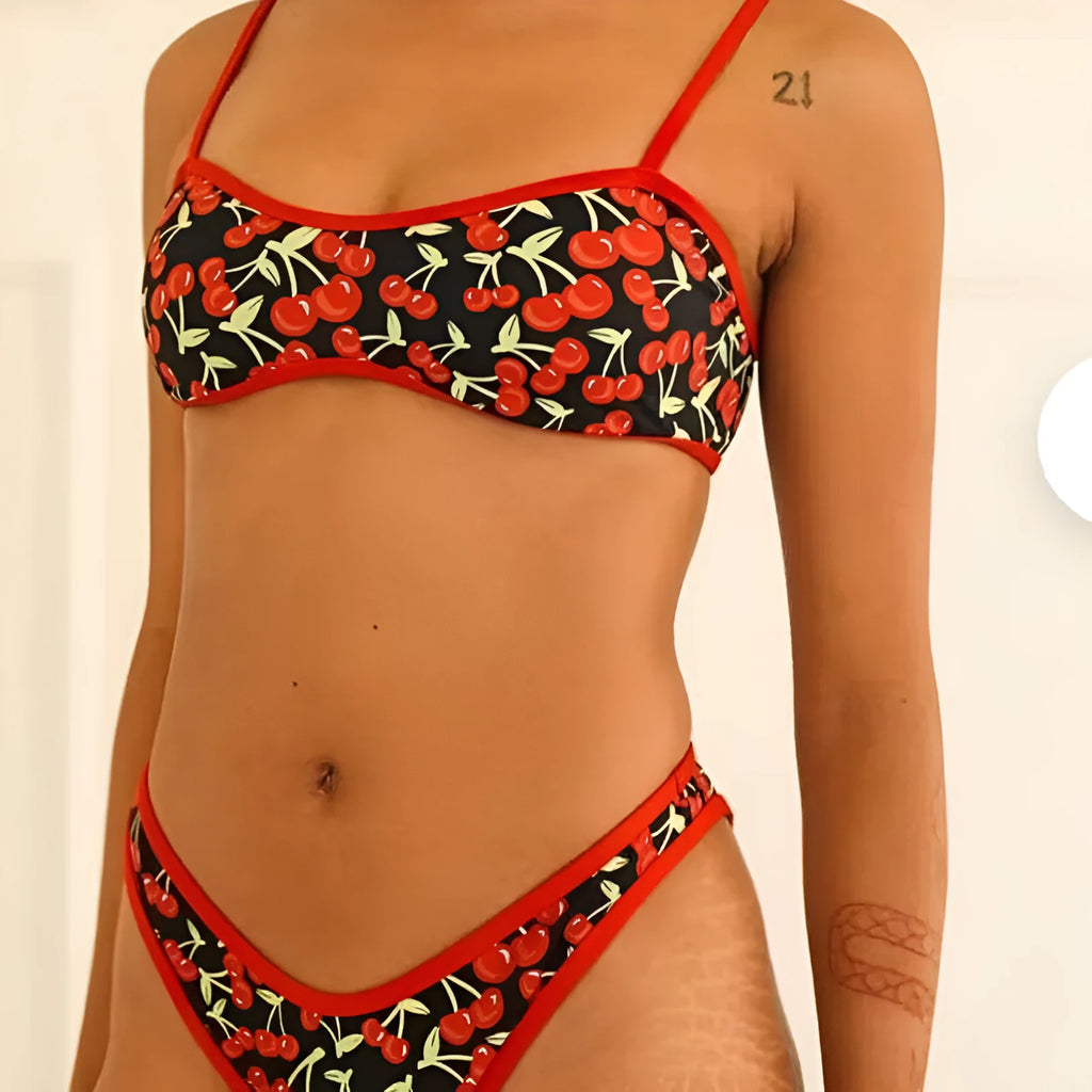 Cherry print polyester bikini swimsuit for women with tube top and brief-style bottoms