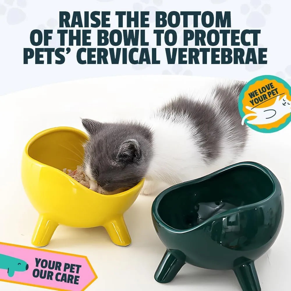 Green ceramic pet food bowl with four stabilising legs and wide opening
