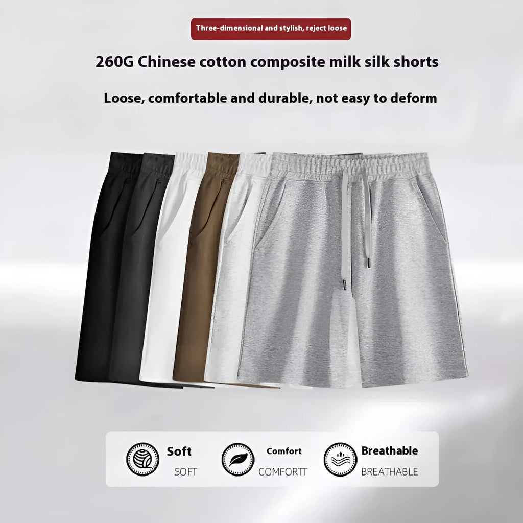 Cotton straight leg sports shorts in light grey colour showing relaxed fit and micro-elastic fabric