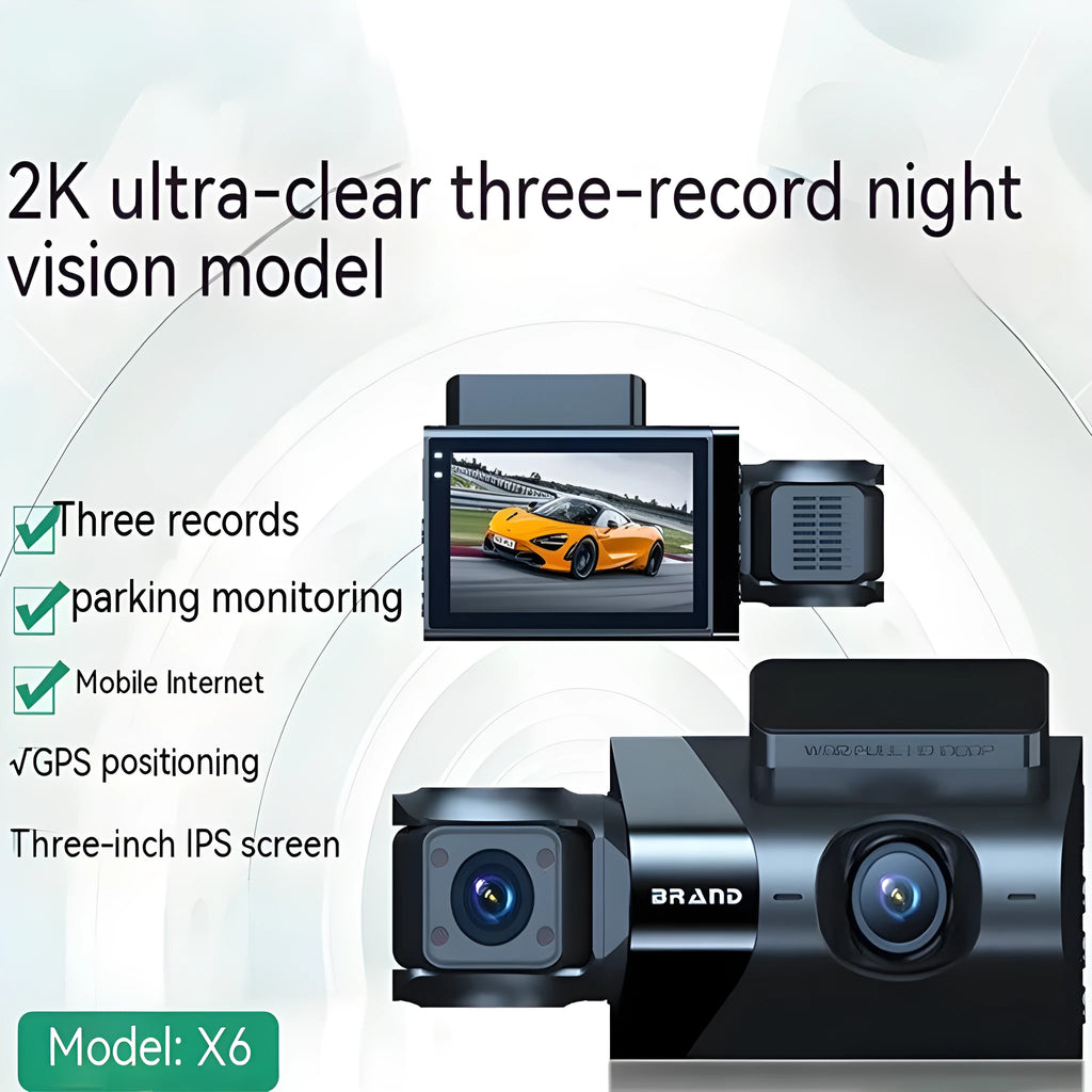 Black car dash cam with 5-inch screen for front, interior, and rear 2K recording with GPS.