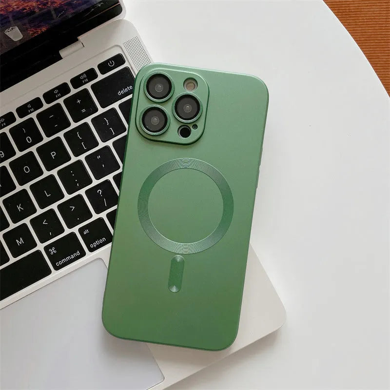 Aluminium alloy frame protective iPhone case with magnetic ring on back, shown in dark purple colour.