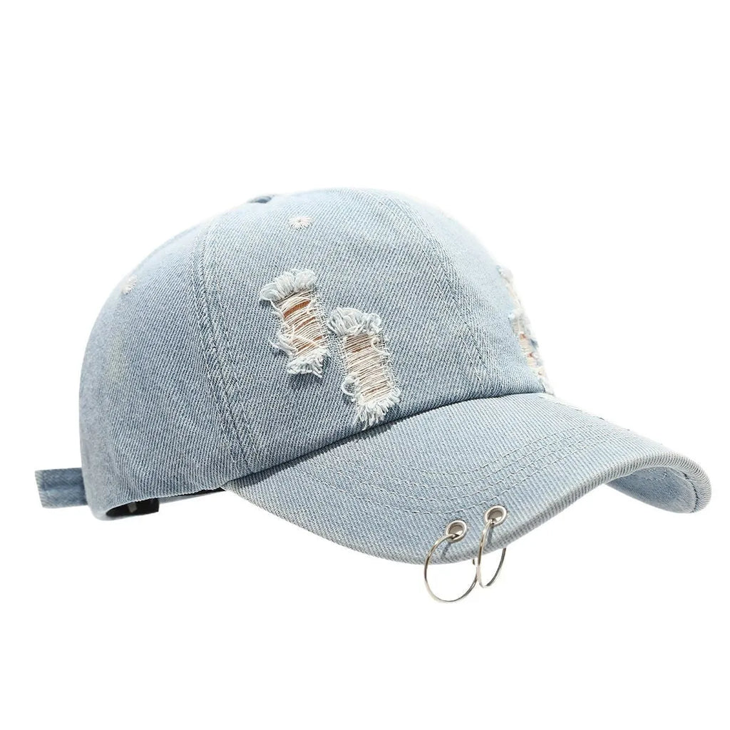 Men's adjustable denim peaked cap in retro streetwear style with dome crown