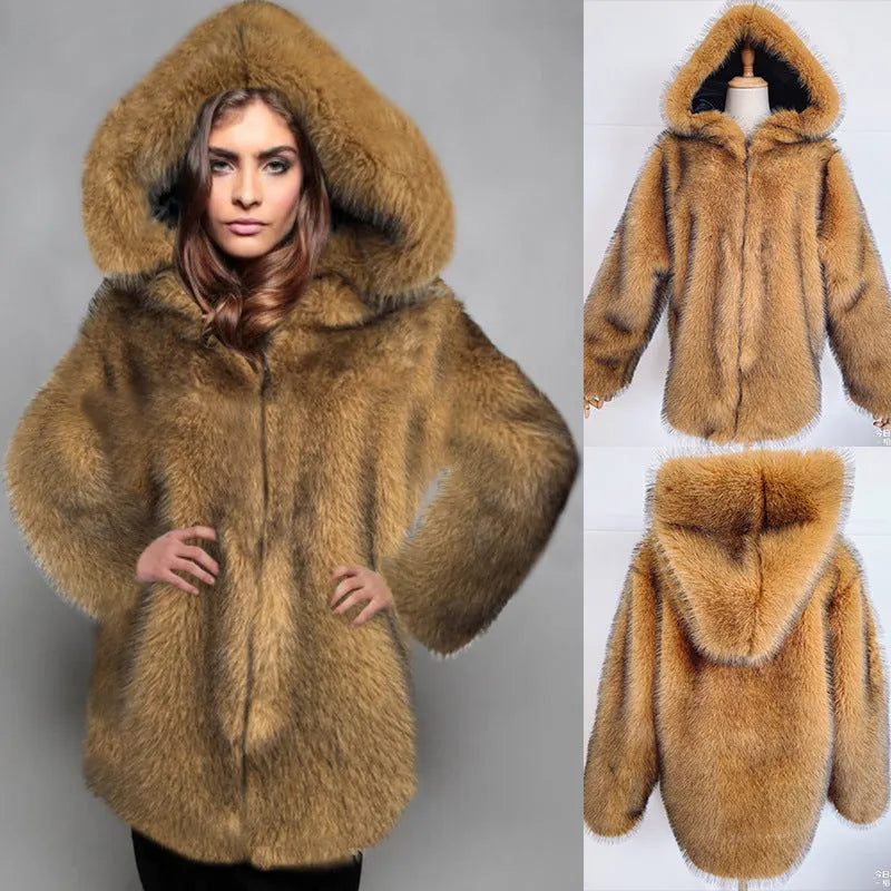 Women's silver grey artificial fur mid-length coat with loose fit and regular sleeves