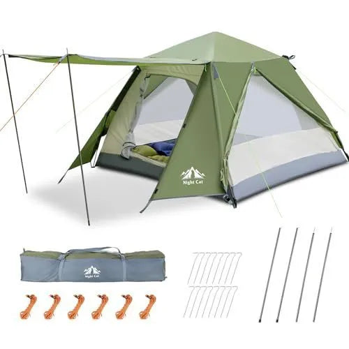 Dark green pop-up camping tent for two people showing automatic setup mechanism