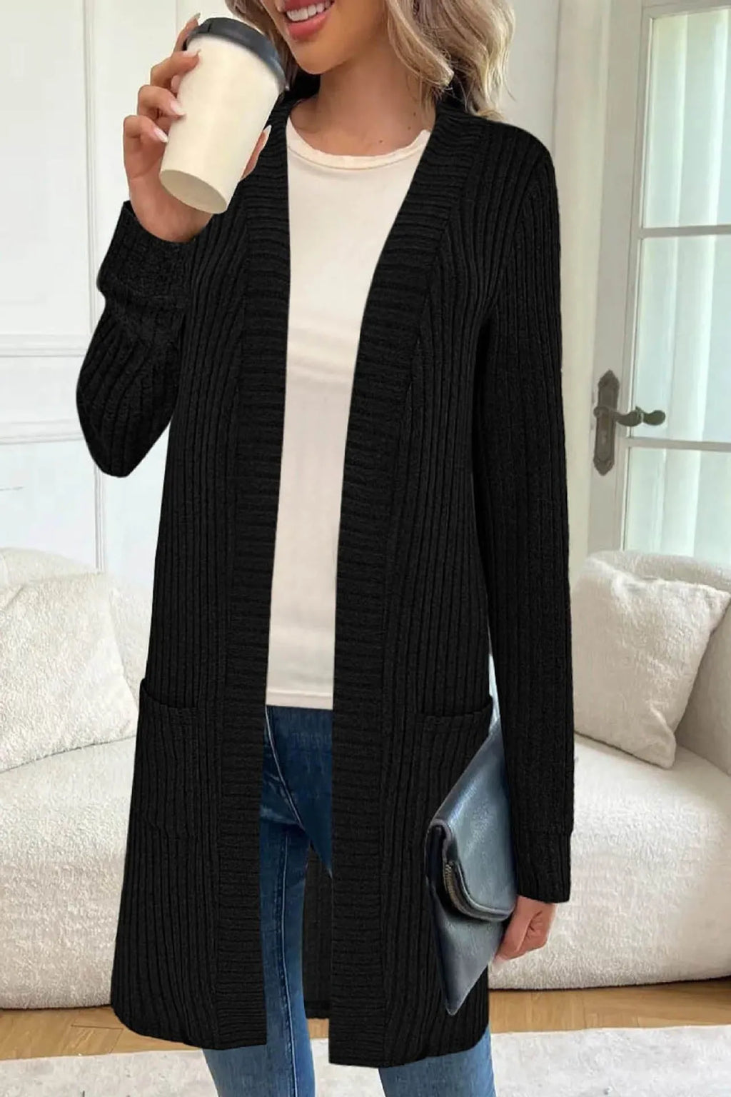 A loose-fitting long sleeve knitted cardigan jacket with pockets, shown in black, wine red, and grey colours.