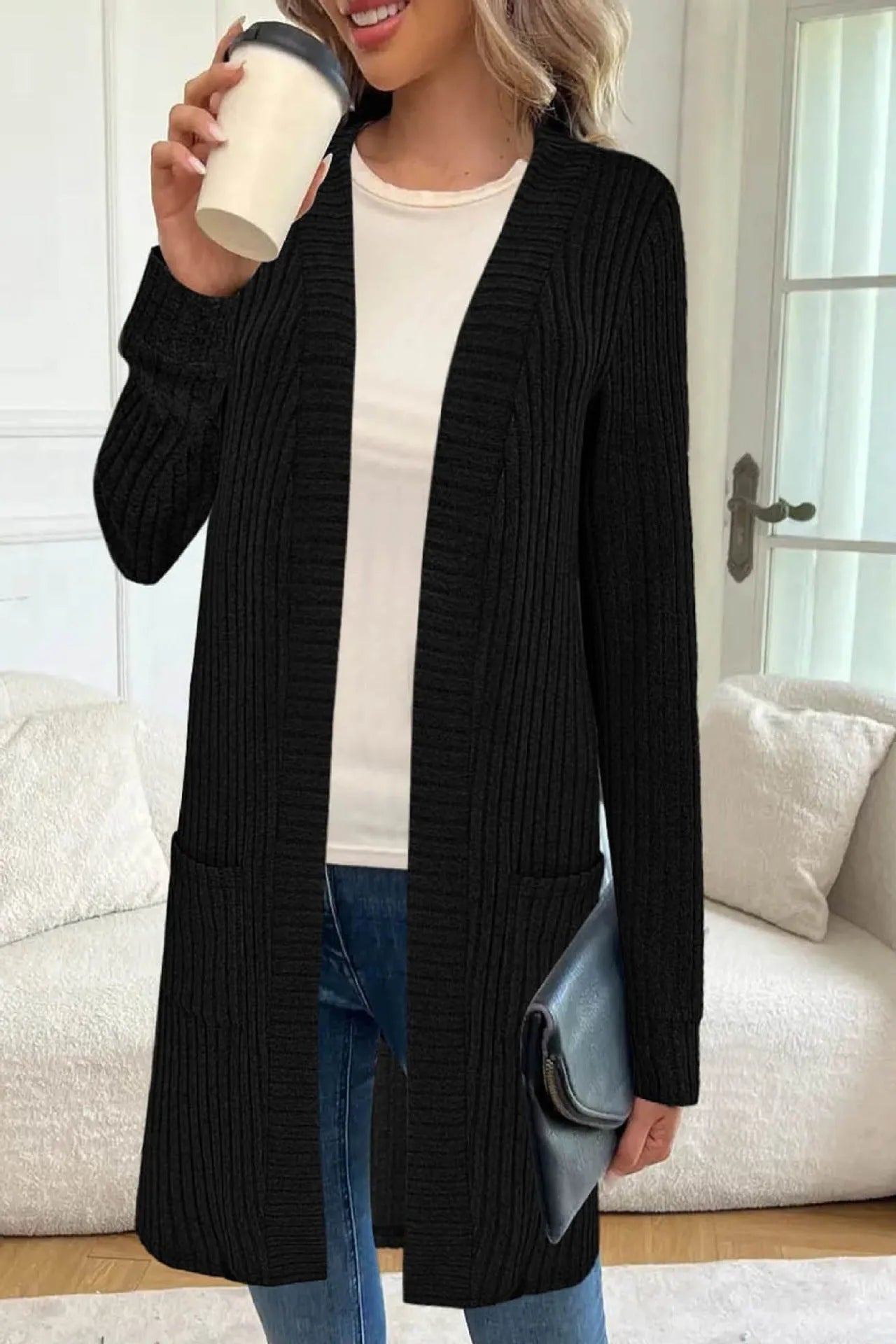 A loose-fitting long sleeve knitted cardigan jacket with pockets, shown in black, wine red, and grey colours.