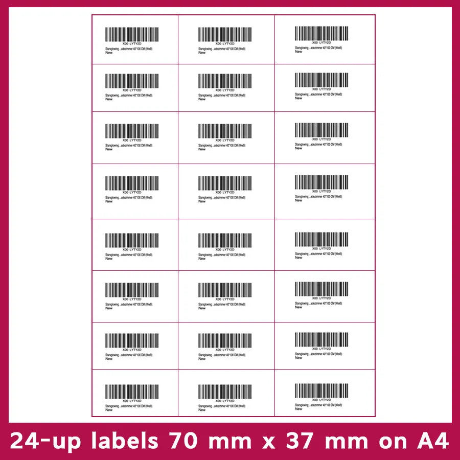 Pack of blank A4 FBA barcode label sheets showing multiple grid format options for printing.