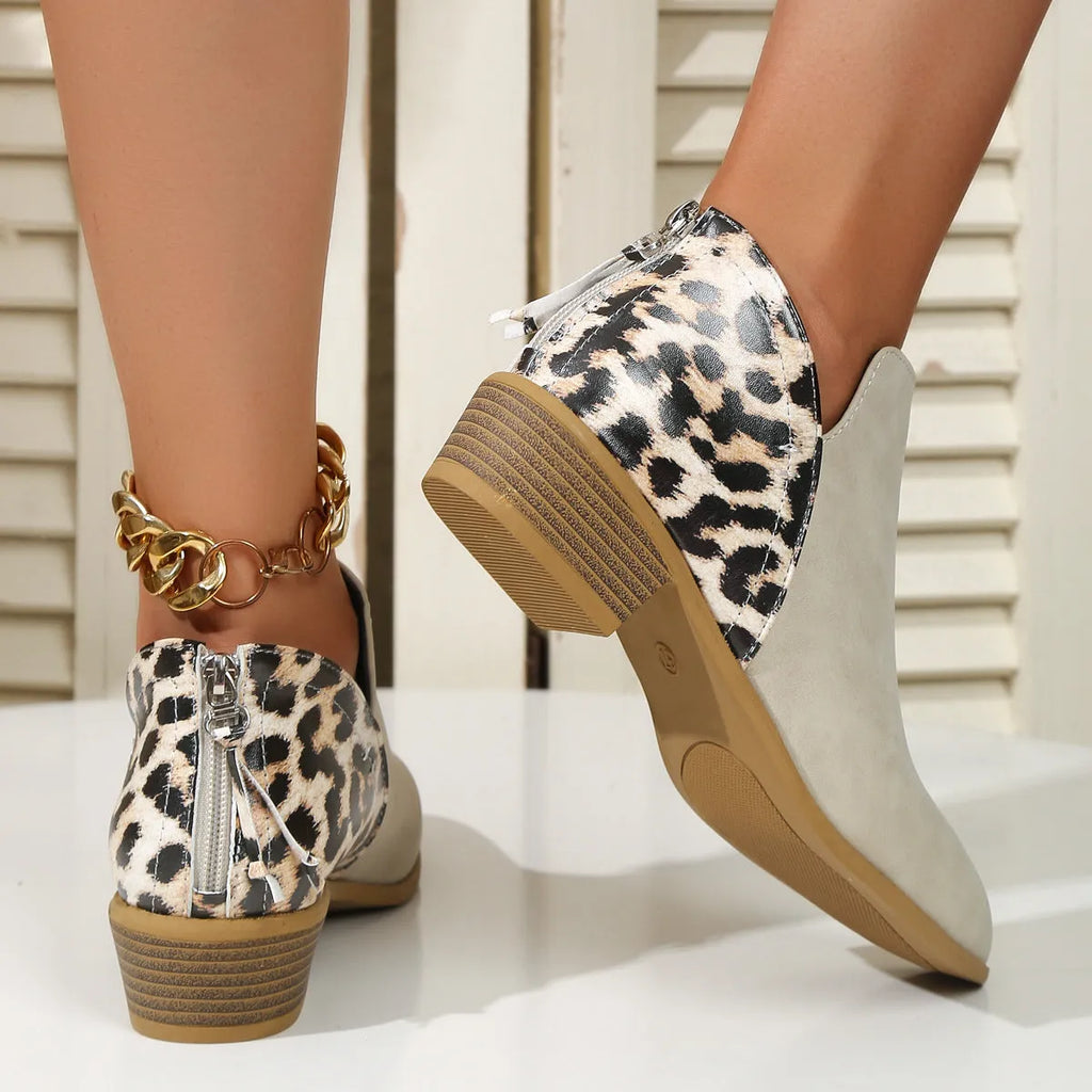 Leopard print women's boots with pointed toe, chunky heel, and back zipper in beige suede