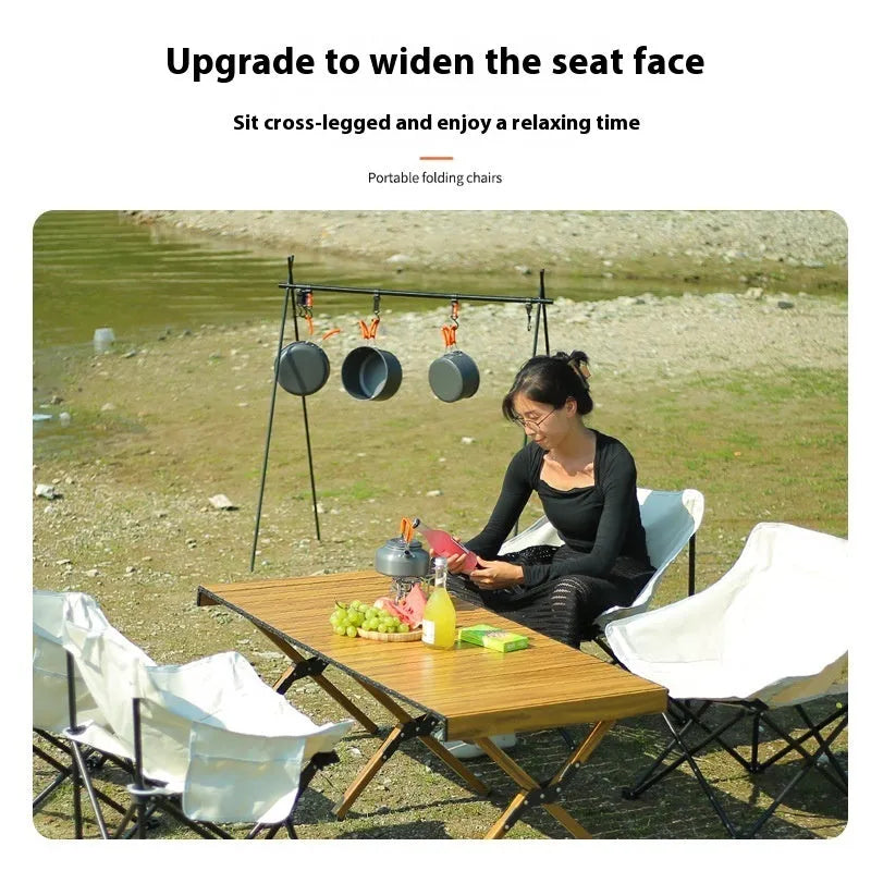 A folded and an open reclining camping chair with a steel frame and Oxford cloth seat in a choice of colours.