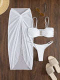 Women's multicolour three-piece bikini set with long culotte pants and skirt