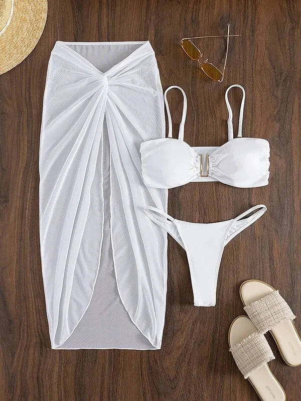 Women's multicolour three-piece bikini set with long culotte pants and skirt