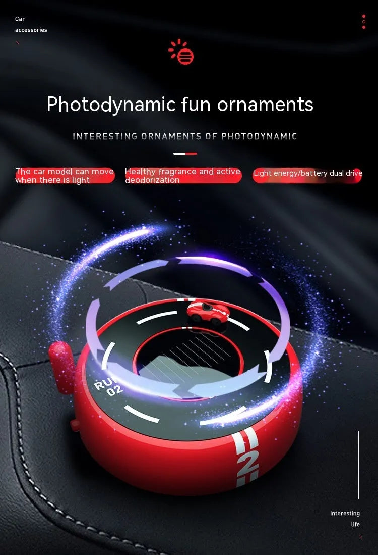 Round car-shaped solar-powered aroma diffuser ornament for vehicle interiors in black, red or white