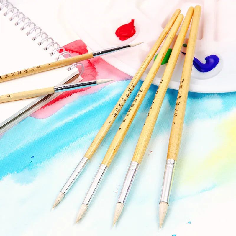 Six wooden handle wool pointed brushes for textile crafts in conventional colours