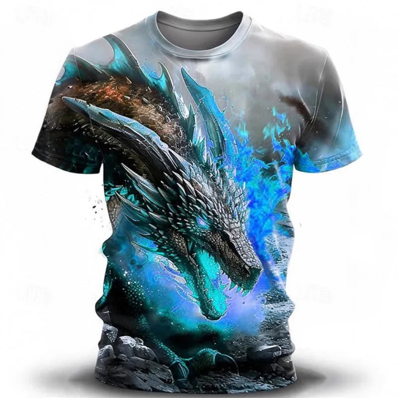 Men's grey T-shirt with raised 3D wind dragon design on front, short sleeve casual style