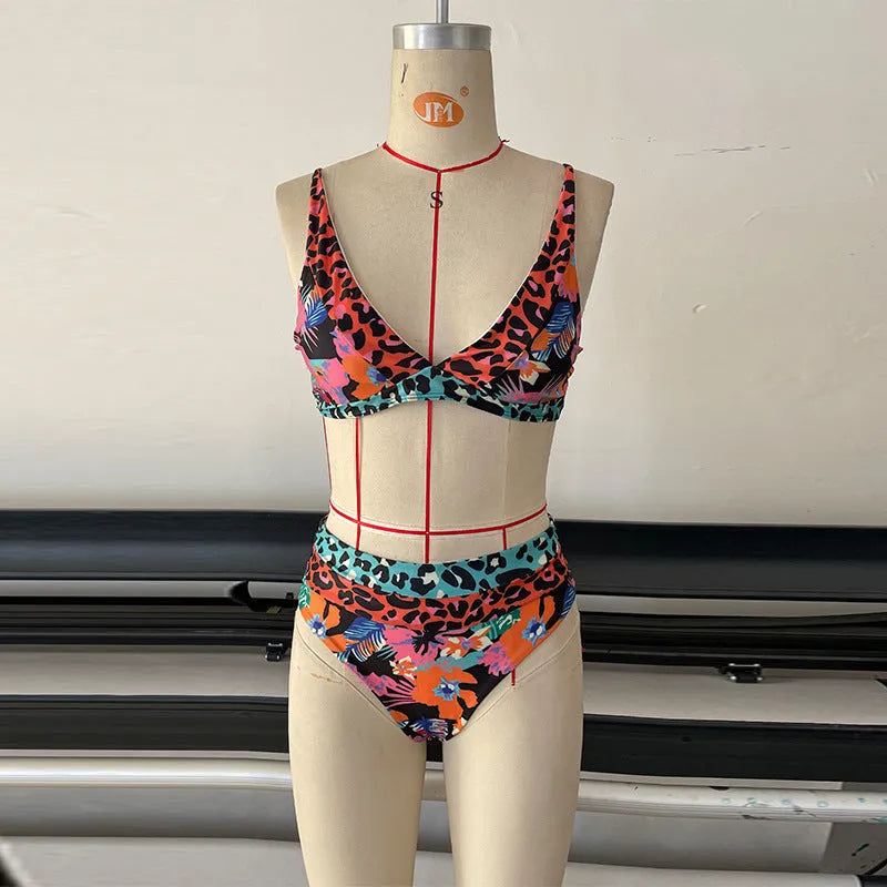 Women's high waist floral print bikini swimwear set for swimming