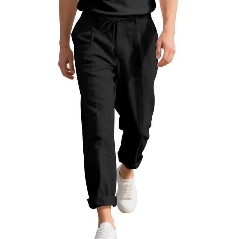 Men's casual linen trousers in loose straight-leg style with drawstring waist
