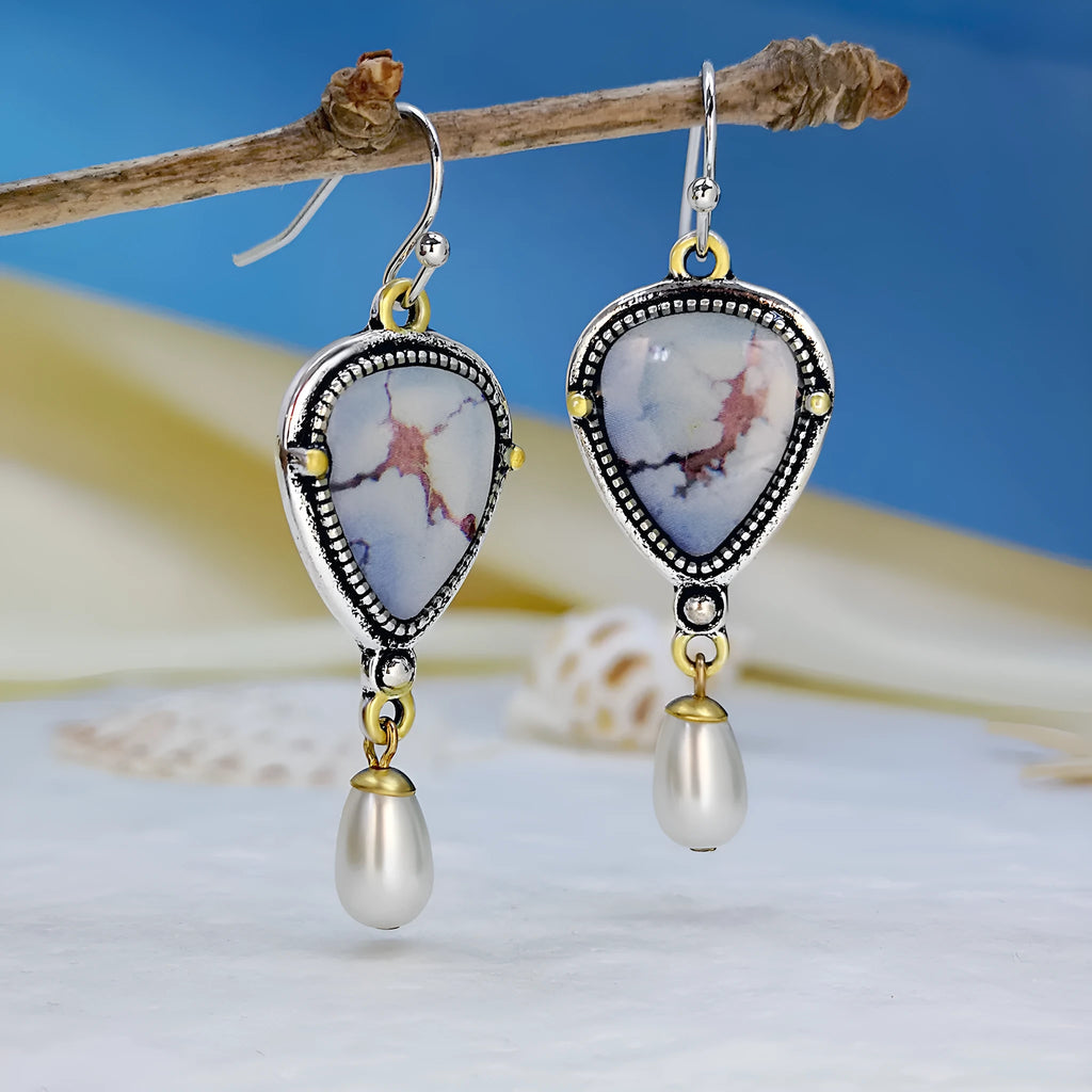 Retro blue drop earrings with geometric design measuring 49mm long, featuring synthetic opal and pearl elements