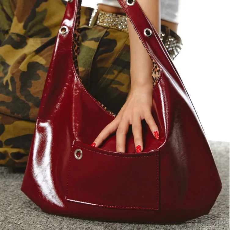 Red leopard print women's shoulder bag with two-side opening and dumpling shape
