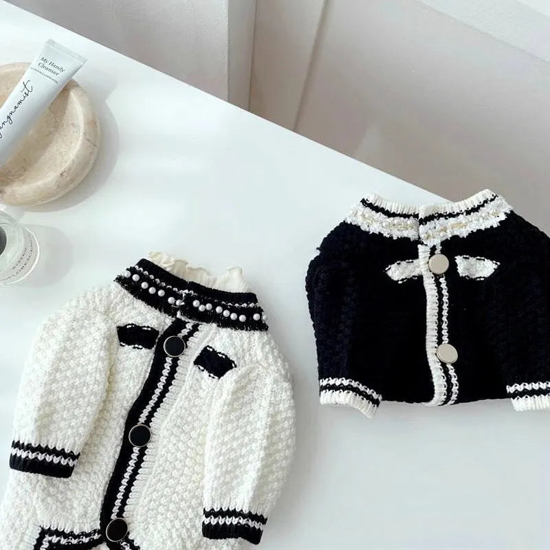 Korean style puppy sweater with pearl collar in white or black colour for small dogs