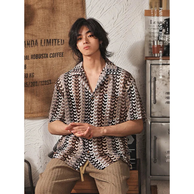 Japanese style Cuban collar men's shirt with jacquard pattern in grey and red colours