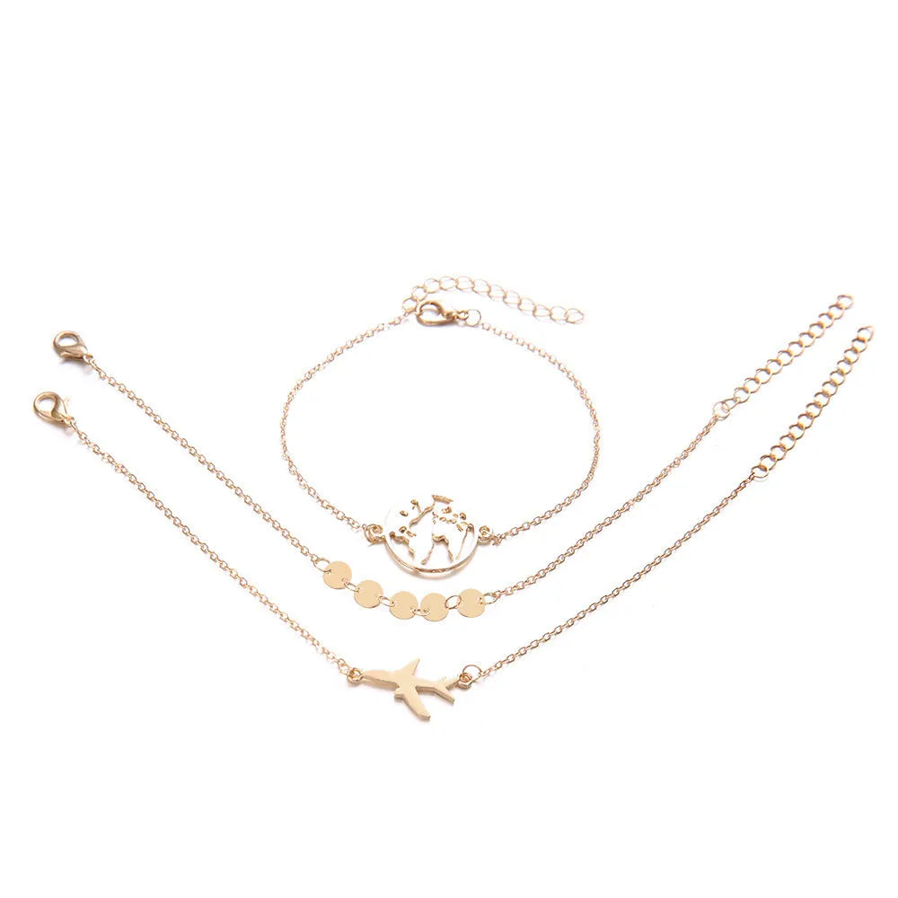 Three women's bracelets with European and American aircraft map charms in heart shape design