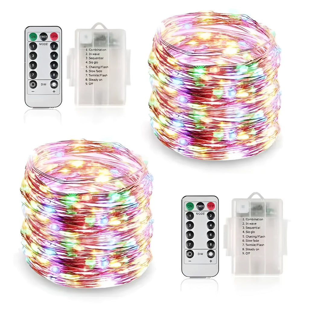 12-metre copper wire LED string lights with battery box showing nine colour options