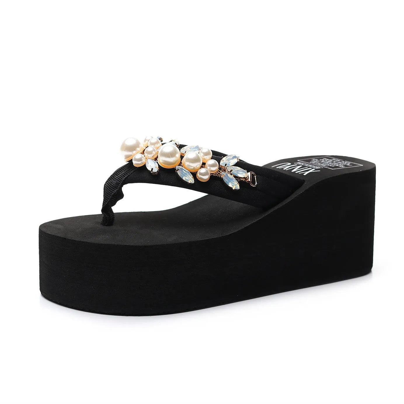 Women's high-heeled flip-flop in beige with a cotton cloth upper, shown from the side.