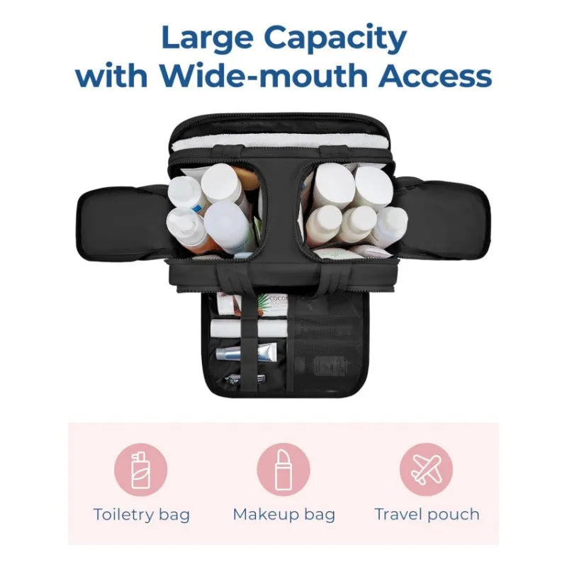 Large capacity travel toiletry bag with wide opening in five colour options