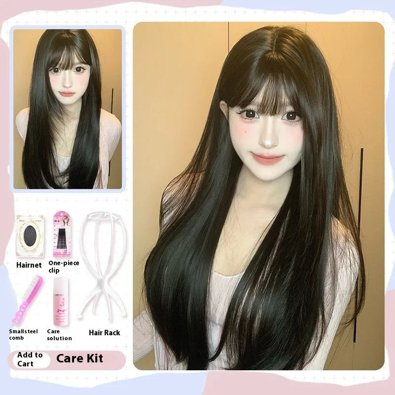 Dark brown long straight full-head wig with fringe made from high temperature synthetic fibre