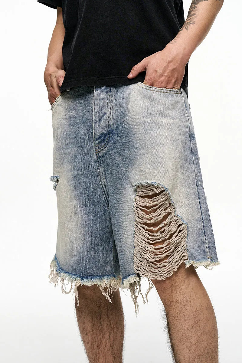 Light blue retro washed men's baggy denim shorts with wide leg fit
