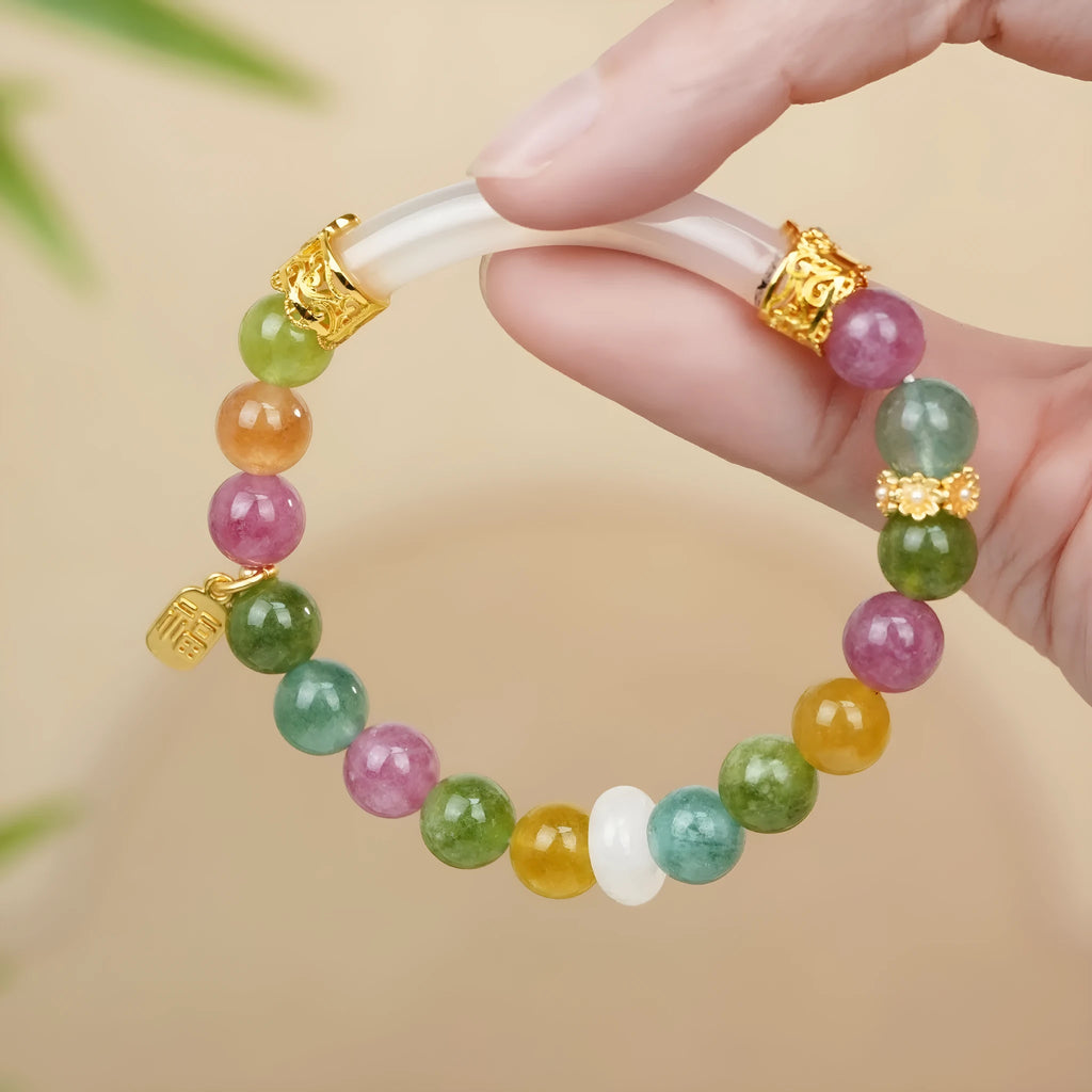 Rainbow colour tourmaline half bracelet for women with electroplated finish