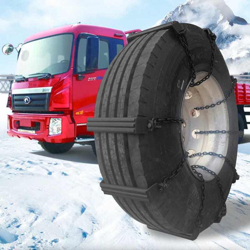 Large truck nonskid chain with semi-hanging design, iron links, shown in three sizes small medium large