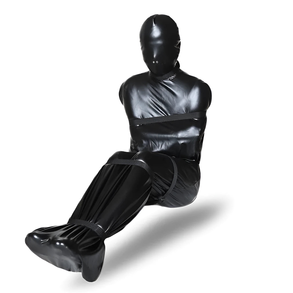 Black patent leather bondage set showing full-body restraint wrap and six ratchet tie-down pieces