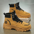 Men's black and yellow Martin work boots with a mid-calf height and injection moulded sole