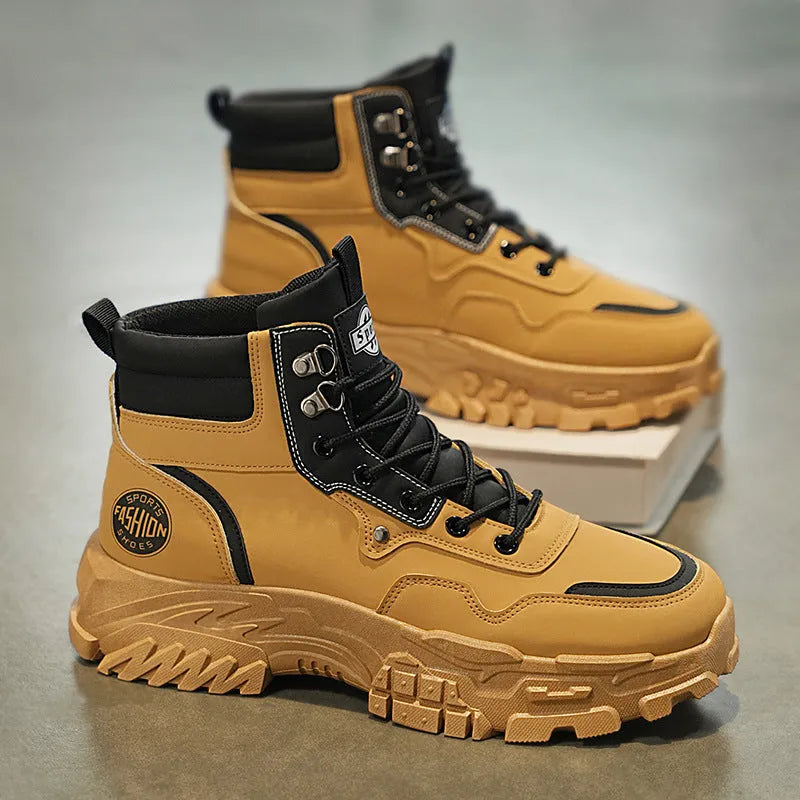 Men's black and yellow Martin work boots with a mid-calf height and injection moulded sole