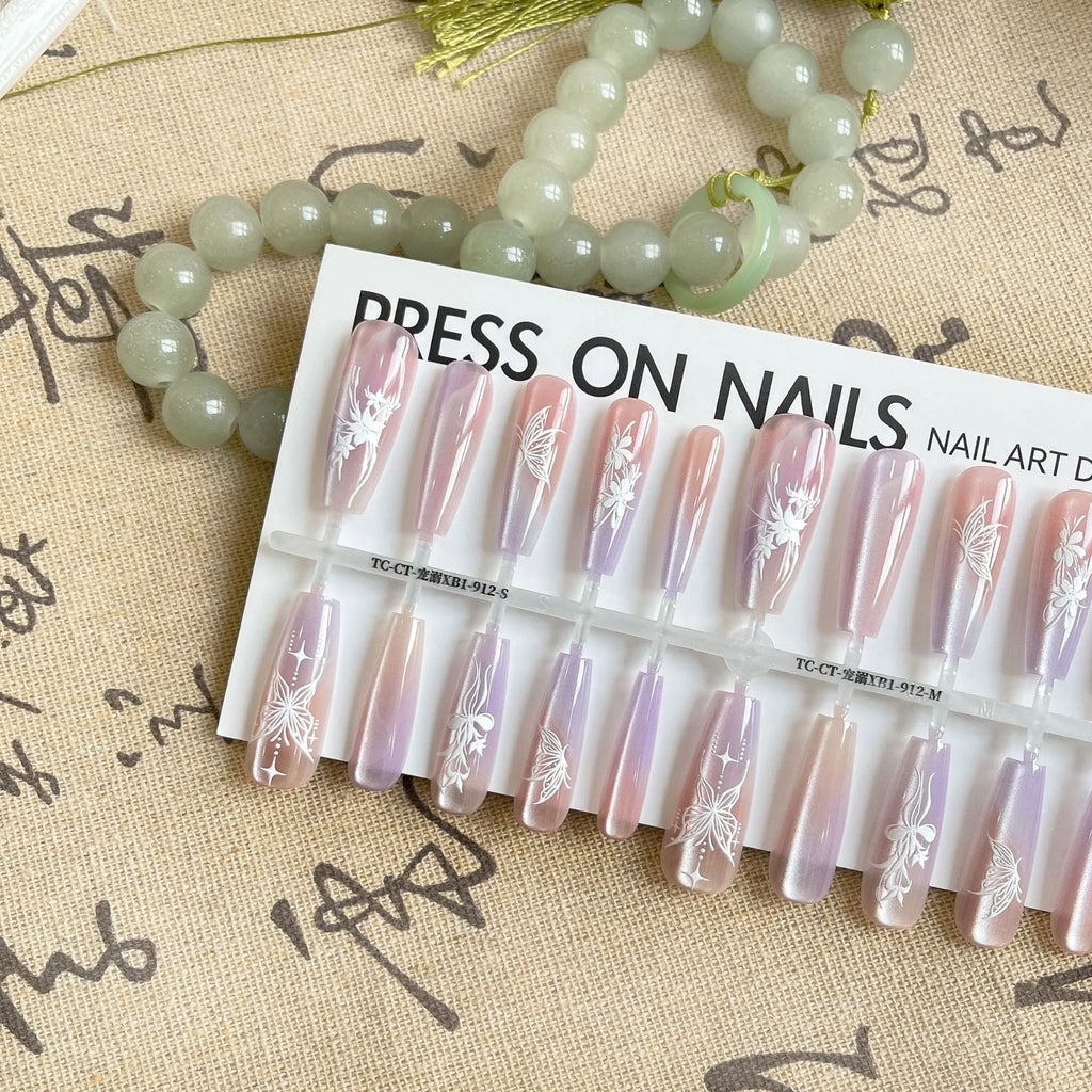 Retro cat eye long ladder fake nails for ladies in Moon Rhyme colour with ultra-thin seamless design 40 pieces